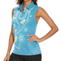 Polynesia Tribal Women Sleeveless Polo Shirt Turquoise Plumeria Tentacles