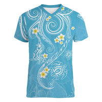 Polynesia Tribal Women V-Neck T-Shirt Turquoise Plumeria Tentacles
