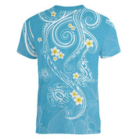 Polynesia Tribal Women V-Neck T-Shirt Turquoise Plumeria Tentacles