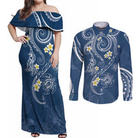 Polynesia Tribal Couples Matching Off Shoulder Maxi Dress and Long Sleeve Button Shirt Deep Blue Plumeria Tentacles