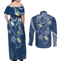 Polynesia Tribal Couples Matching Off Shoulder Maxi Dress and Long Sleeve Button Shirt Deep Blue Plumeria Tentacles