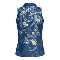 Polynesia Tribal Women Sleeveless Polo Shirt Deep Blue Plumeria Tentacles