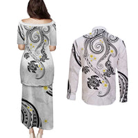 Polynesia Tribal Couples Matching Puletasi and Long Sleeve Button Shirt White Plumeria Tentacles