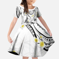 Polynesia Tribal Family Matching Short Sleeve Bodycon Dress and Hawaiian Shirt White Plumeria Tentacles