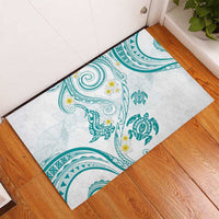 Polynesia Tribal Rubber Doormat Teal Plumeria Tentacles