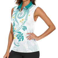 Polynesia Tribal Women Sleeveless Polo Shirt Teal Plumeria Tentacles