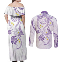 Polynesia Tribal Couples Matching Off Shoulder Maxi Dress and Long Sleeve Button Shirt Lilac Plumeria Tentacles