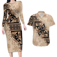Bula Fiji Plumeria Tagimoucia Salusalu Beige Couples Matching Long Sleeve Bodycon Dress and Hawaiian Shirt Kaiviti Masi LT7 Beige - Polynesian Pride