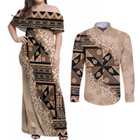 Bula Fiji Plumeria Tagimoucia Salusalu Beige Couples Matching Off Shoulder Maxi Dress and Long Sleeve Button Shirt Kaiviti Masi LT7 Beige - Polynesian Pride