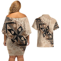 Bula Fiji Plumeria Tagimoucia Salusalu Beige Couples Matching Off Shoulder Short Dress and Hawaiian Shirt Kaiviti Masi LT7 - Polynesian Pride