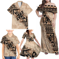 Bula Fiji Plumeria Tagimoucia Salusalu Beige Family Matching Off Shoulder Maxi Dress and Hawaiian Shirt Kaiviti Masi LT7 - Polynesian Pride