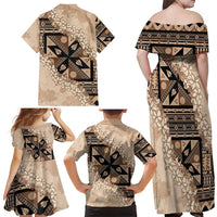 Bula Fiji Plumeria Tagimoucia Salusalu Beige Family Matching Off Shoulder Maxi Dress and Hawaiian Shirt Kaiviti Masi LT7 - Polynesian Pride