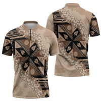 Bula Fiji Plumeria Tagimoucia Salusalu Beige Zipper Polo Shirt Kaiviti Masi LT7 - Polynesian Pride