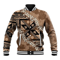 Bula Fiji Plumeria Tagimoucia Salusalu Mocha Baseball Jacket Kaiviti Masi - Polynesian Pride