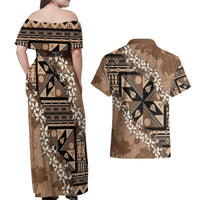 Bula Fiji Plumeria Tagimoucia Salusalu Mocha Couples Matching Off Shoulder Maxi Dress and Hawaiian Shirt Kaiviti Masi LT7 - Polynesian Pride