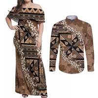 Bula Fiji Plumeria Tagimoucia Salusalu Mocha Couples Matching Off Shoulder Maxi Dress and Long Sleeve Button Shirt Kaiviti Masi LT7 Mocha - Polynesian Pride