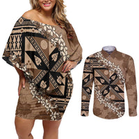 Bula Fiji Plumeria Tagimoucia Salusalu Mocha Couples Matching Off Shoulder Short Dress and Long Sleeve Button Shirt Kaiviti Masi LT7 Mocha - Polynesian Pride