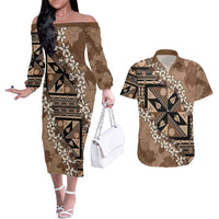 Bula Fiji Plumeria Tagimoucia Salusalu Mocha Couples Matching Off The Shoulder Long Sleeve Dress and Hawaiian Shirt Kaiviti Masi LT7 Mocha - Polynesian Pride