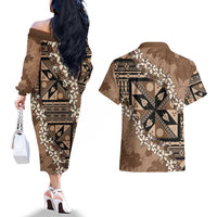 Bula Fiji Plumeria Tagimoucia Salusalu Mocha Couples Matching Off The Shoulder Long Sleeve Dress and Hawaiian Shirt Kaiviti Masi LT7 - Polynesian Pride