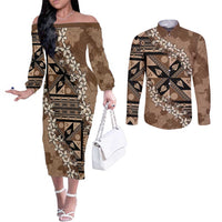 Bula Fiji Plumeria Tagimoucia Salusalu Mocha Couples Matching Off The Shoulder Long Sleeve Dress and Long Sleeve Button Shirt Kaiviti Masi LT7 Mocha - Polynesian Pride