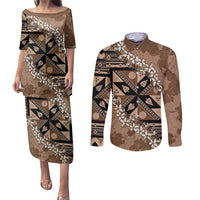 Bula Fiji Plumeria Tagimoucia Salusalu Mocha Couples Matching Puletasi and Long Sleeve Button Shirt Kaiviti Masi LT7 Mocha - Polynesian Pride