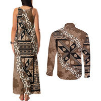 Bula Fiji Plumeria Tagimoucia Salusalu Mocha Couples Matching Tank Maxi Dress and Long Sleeve Button Shirt Kaiviti Masi LT7 - Polynesian Pride