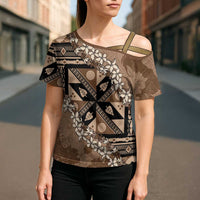 Bula Fiji Plumeria Tagimoucia Salusalu Mocha Cross Shoulder Shirt Kaiviti Masi LT7 - Polynesian Pride