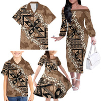 Bula Fiji Plumeria Tagimoucia Salusalu Mocha Family Matching Off The Shoulder Long Sleeve Dress and Hawaiian Shirt Kaiviti Masi LT7 - Polynesian Pride