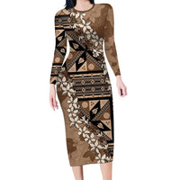 Bula Fiji Plumeria Tagimoucia Salusalu Mocha Long Sleeve Bodycon Dress Kaiviti Masi LT7 Long Dress Mocha - Polynesian Pride