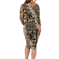 Bula Fiji Plumeria Tagimoucia Salusalu Mocha Long Sleeve Bodycon Dress Kaiviti Masi LT7 - Polynesian Pride
