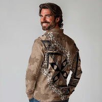 Bula Fiji Plumeria Tagimoucia Salusalu Mocha Long Sleeve Polo Shirt Kaiviti Masi LT7 - Polynesian Pride