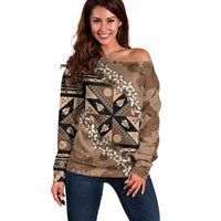 Bula Fiji Plumeria Tagimoucia Salusalu Mocha Off Shoulder Sweater Kaiviti Masi - Polynesian Pride