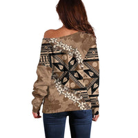 Bula Fiji Plumeria Tagimoucia Salusalu Mocha Off Shoulder Sweater Kaiviti Masi - Polynesian Pride