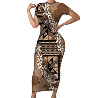 Bula Fiji Plumeria Tagimoucia Salusalu Mocha Short Sleeve Bodycon Dress Kaiviti Masi LT7 Long Dress Mocha - Polynesian Pride
