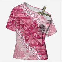 Bula Fiji Plumeria Tagimoucia Salusalu Pink Cross Shoulder Shirt Kaiviti Masi LT7 Female Pink - Polynesian Pride