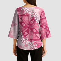 Bula Fiji Plumeria Tagimoucia Salusalu Pink Kimono Sleeve Blouse Kaiviti Masi - Polynesian Pride