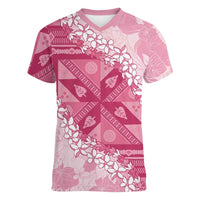 Bula Fiji Plumeria Tagimoucia Salusalu Pink Women V-Neck T-Shirt Kaiviti Masi LT7 Female Pink - Polynesian Pride