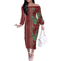 Women's Day Samoa Malu Tattoo Inspired Mix Teuila Family Matching Off The Shoulder Long Sleeve Dress and Hawaiian Shirt Scarlet LT7 Mom's Dress Scarlet - Polynesian Pride