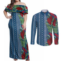 Women's Day Samoa Malu Tattoo Inspired Mix Teuila Couples Matching Off Shoulder Maxi Dress and Long Sleeve Button Shirt Royal Blue