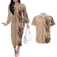 Women's Day Samoa Malu Tattoo Inspired Mix Teuila Couples Matching Off The Shoulder Long Sleeve Dress and Hawaiian Shirt Vintage Tapa LT7 Beige - Polynesian Pride