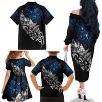 Maori Matariki Family Matching Off The Shoulder Long Sleeve Dress and Hawaiian Shirt Landscape Styled Fern - Galaxy LT7 - Polynesian Pride