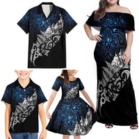 Maori Matariki Family Matching Off Shoulder Maxi Dress and Hawaiian Shirt Landscape Styled Fern - Galaxy LT7 - Polynesian Pride