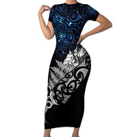 Maori Matariki Family Matching Short Sleeve Bodycon Dress and Hawaiian Shirt Landscape Styled Fern - Galaxy LT7 Mom's Dress Black - Polynesian Pride