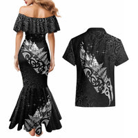 Maori Matariki Couples Matching Mermaid Dress and Hawaiian Shirt Landscape Styled Fern - Monochrome LT7 - Polynesian Pride