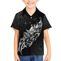 Maori Matariki Family Matching Off The Shoulder Long Sleeve Dress and Hawaiian Shirt Landscape Styled Fern - Monochrome LT7 Son's Shirt Black - Polynesian Pride