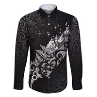 Maori Matariki Family Matching Off Shoulder Maxi Dress and Hawaiian Shirt Landscape Styled Fern - Monochrome LT7 Dad's Shirt - Long Sleeve Black - Polynesian Pride