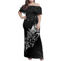 Maori Matariki Family Matching Off Shoulder Maxi Dress and Hawaiian Shirt Landscape Styled Fern - Monochrome LT7 Mom's Dress Black - Polynesian Pride