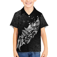 Maori Matariki Family Matching Off Shoulder Maxi Dress and Hawaiian Shirt Landscape Styled Fern - Monochrome LT7 Son's Shirt Black - Polynesian Pride