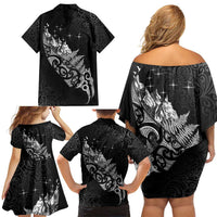 Maori Matariki Family Matching Off Shoulder Short Dress and Hawaiian Shirt Landscape Styled Fern - Monochrome LT7 - Polynesian Pride