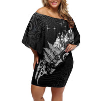 Maori Matariki Family Matching Off Shoulder Short Dress and Hawaiian Shirt Landscape Styled Fern - Monochrome LT7 Mom's Dress Black - Polynesian Pride